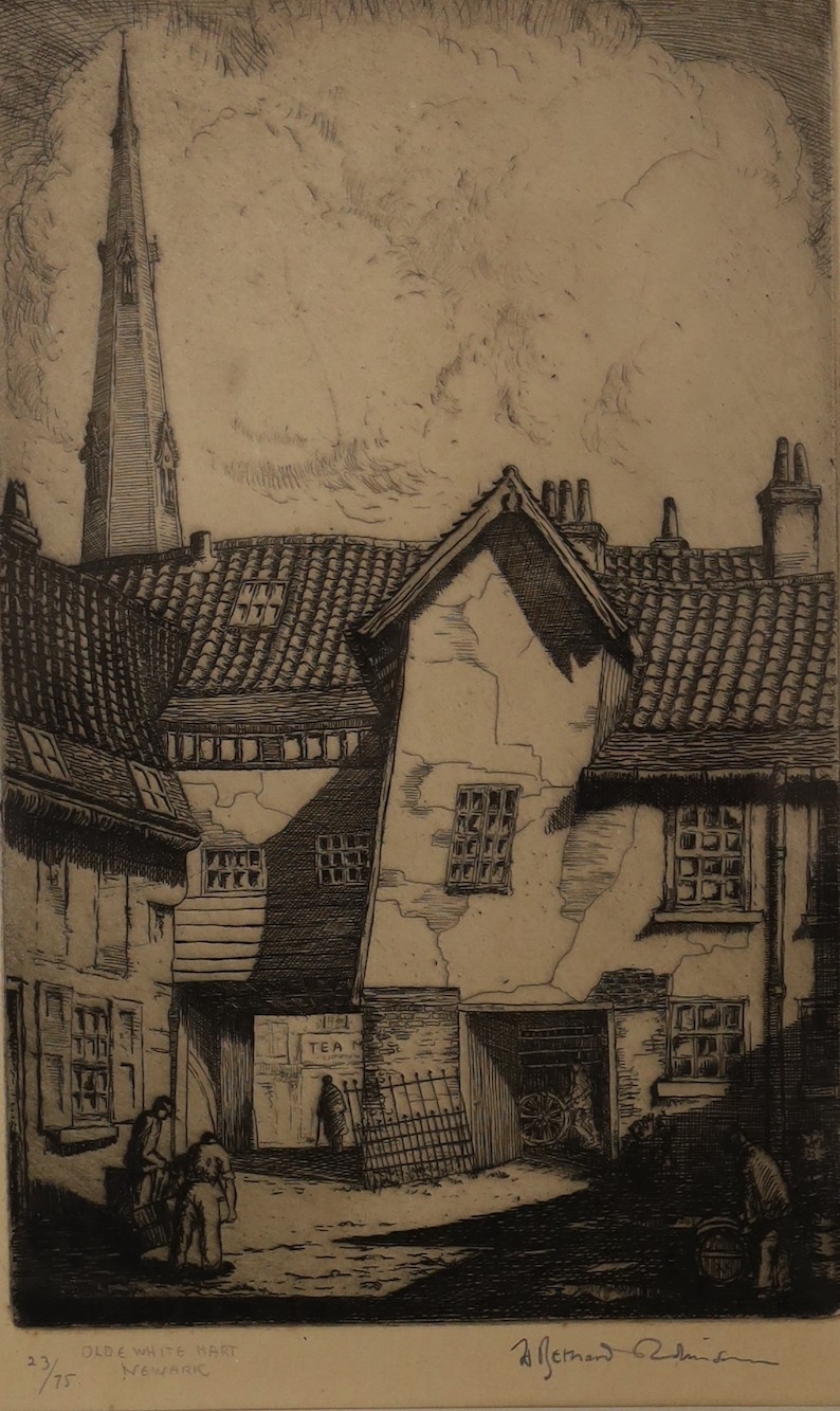 Sir Frank Brangwyn (1867-1956), etching, Flemish street scene with numerous revellers, 27 x 22cm and an etching by H.Bernard Robinson of Newark, 27 x 17cm